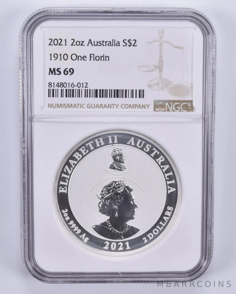 2021 Australia 2 Dollars 2 Oz Silver 1910 1 Florin MS69 NGC Brown Label