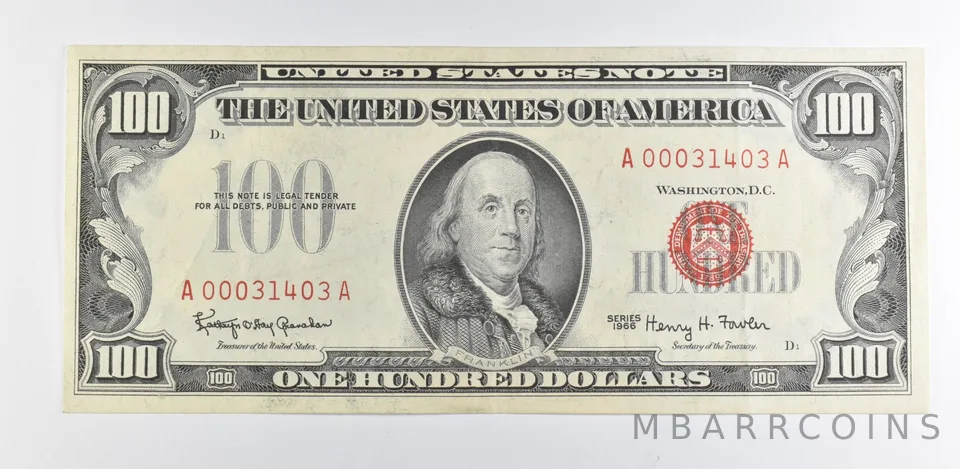 1966 $100 US Legal Tender Note Red Seal a9901