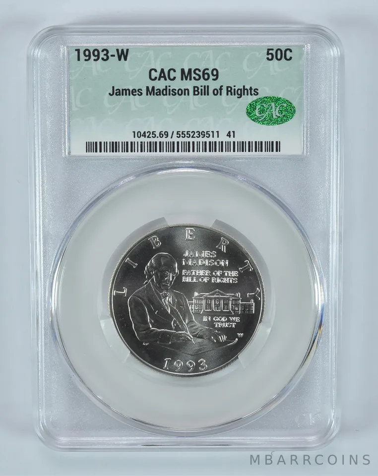 1993-W James Madison Bill Of Rights Commemorative Half Dollar MS69 CAC CACg