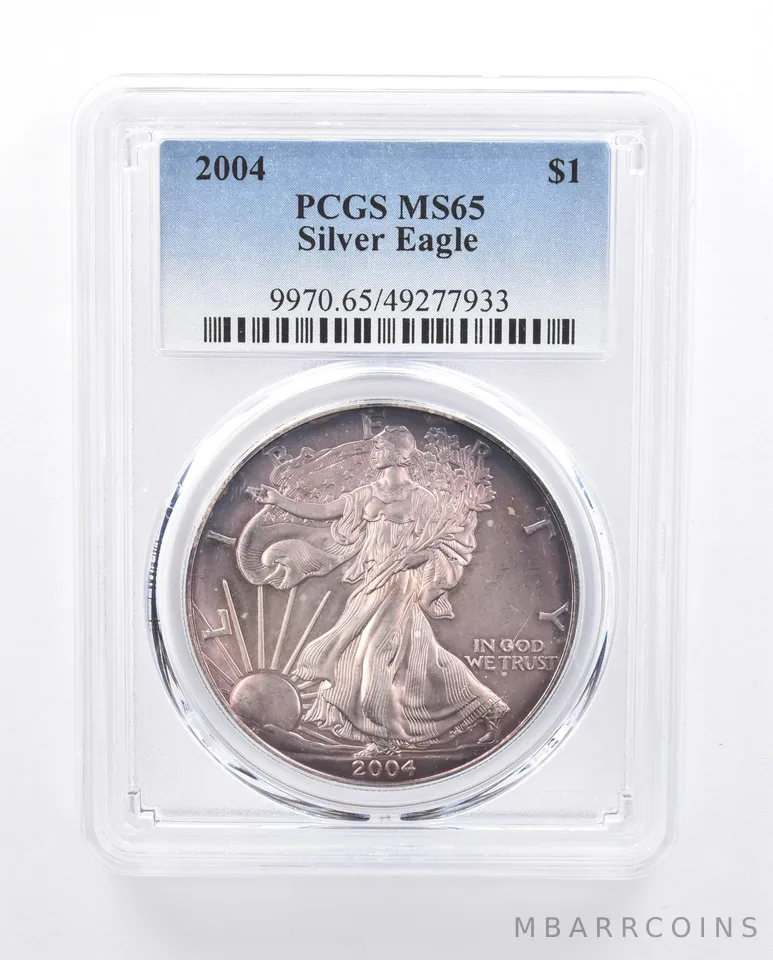 2004 American Silver Eagle MS65 PCGS Blue/Purple Tone *6520