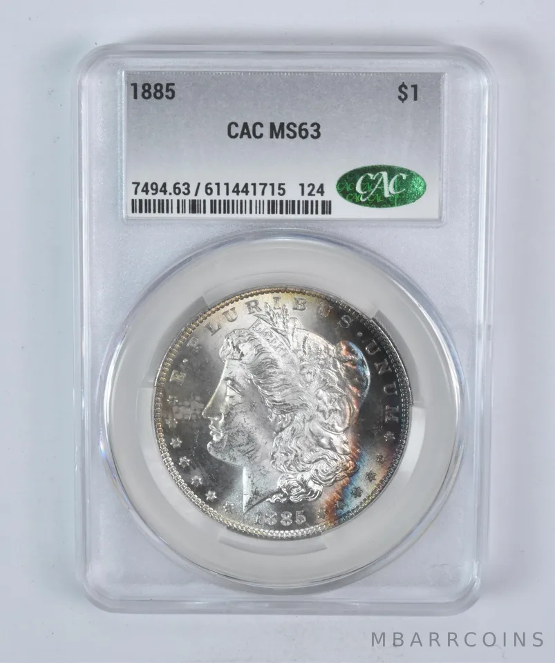 1885 Morgan Silver Dollar MS63 CAC CACg Peripheral Tone a5903