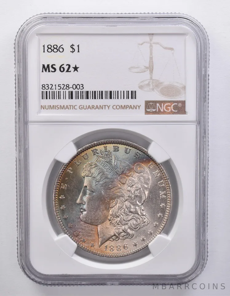 1886 Morgan Silver Dollar MS62* STAR NGC Blue/Green Tone *7155
