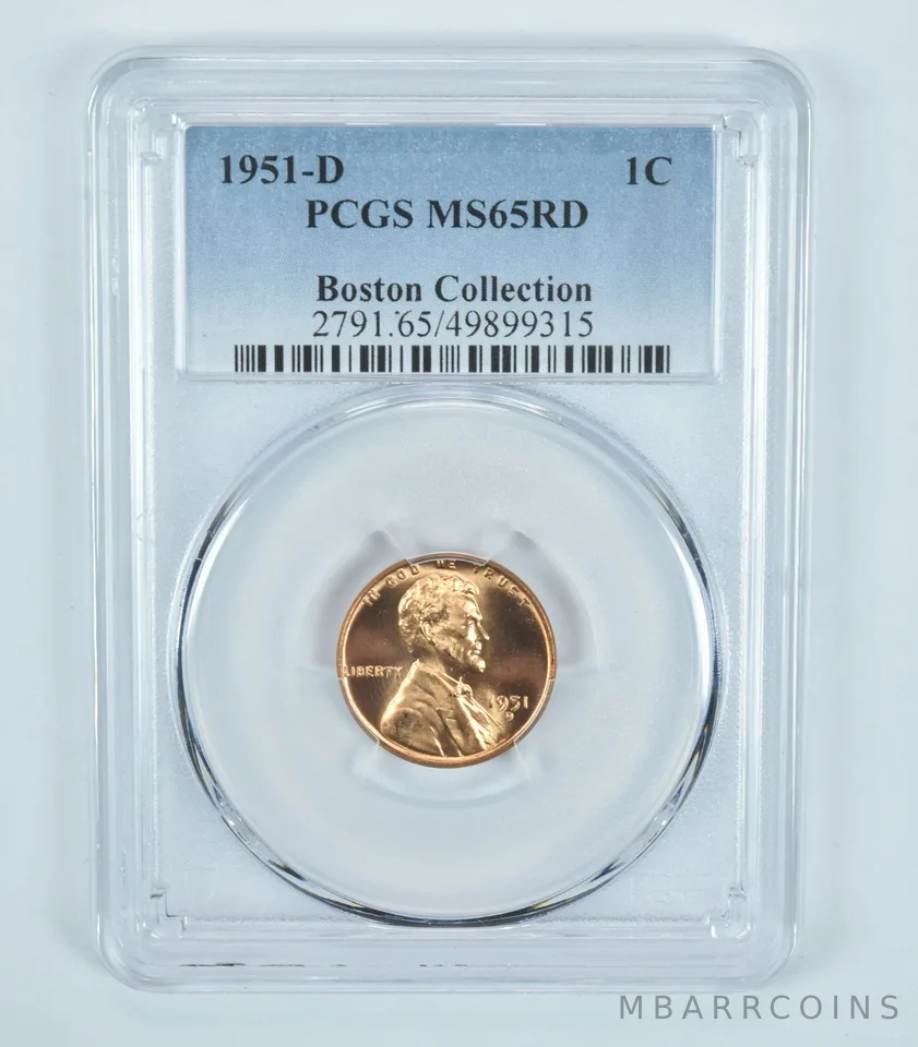 1951-D Lincoln Wheat Cent Boston Collection MS65 RD PCGS Blue Label