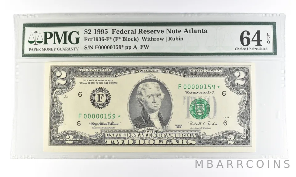 1995 $2 Atlanta GA FRN Fr#1936-F* Star Error Gem Unc 64 EPQ PMG Low Serial *5456