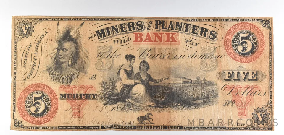 1861 $5 Murphy NC Miners & Planters Bank Obsolete Note *8733