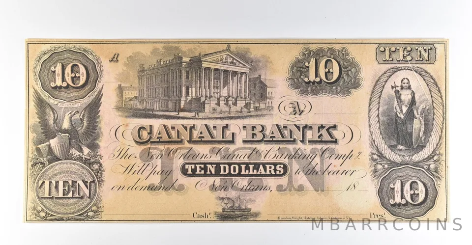 1800s $10 New Orleans LA Canal Bank Obsolete Note *8389