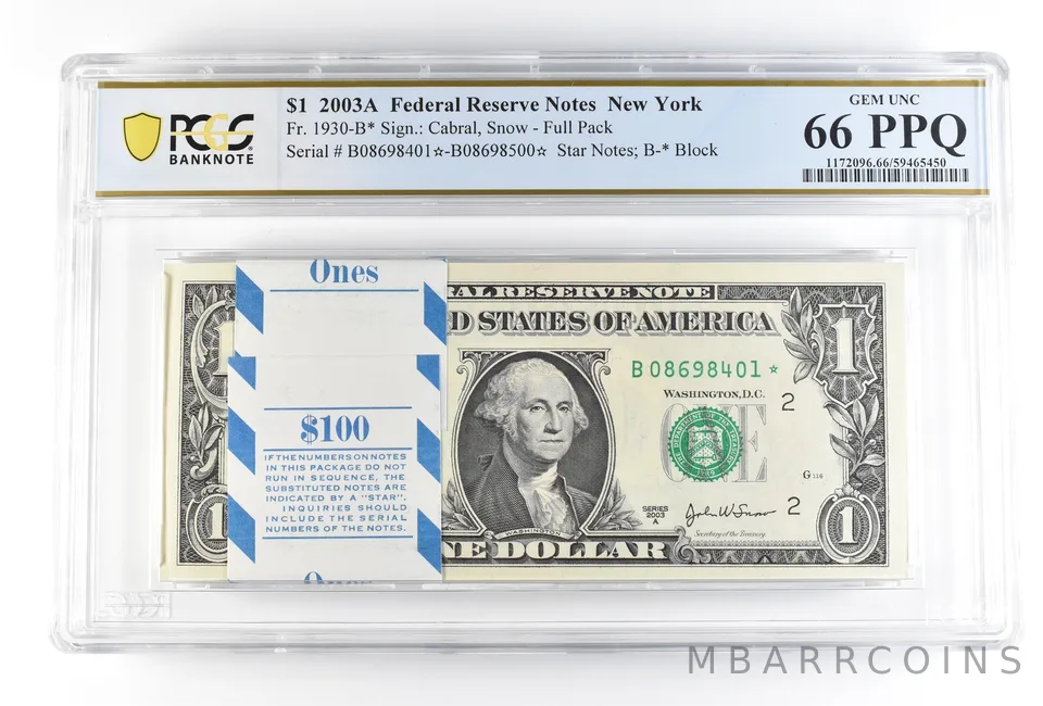 (100) 2003 A $1 New York NY FRN Fr#1930-B* Pack Star Notes Unc 66 PPQ PCGS *0201