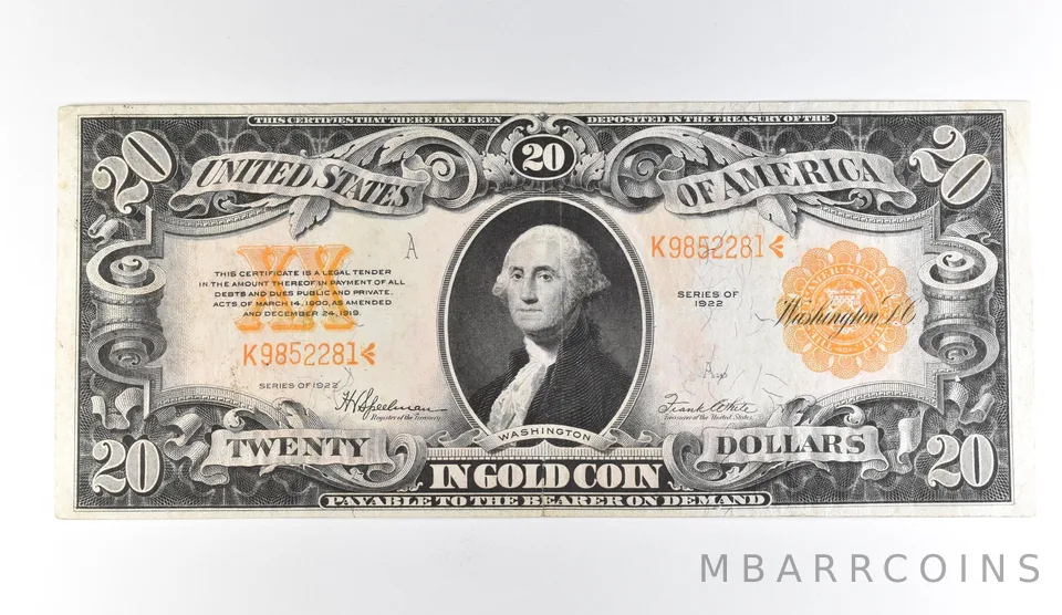 1922 $20 Gold Certificate Large Note Yellow Seal *1707