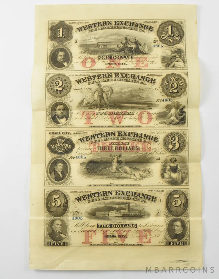 1857 Nebraska Western Exchange Fire Marine Insurance Co $1/$2/$3/$5 Uncut *1955