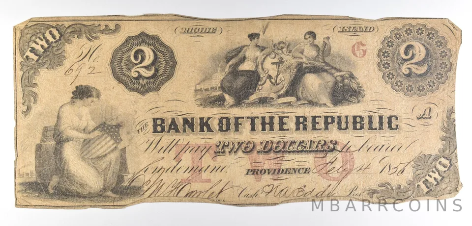 1856 $2 Providence RI Bank Of The Republic Obsolete Note *8560