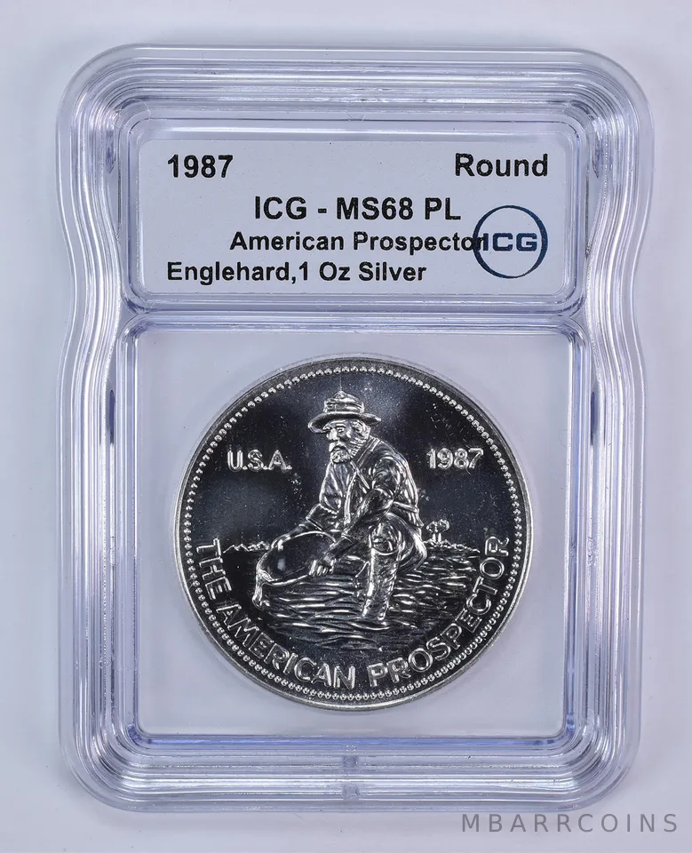 1987 Engelhard 1 Oz Silver American Prospector Eagle Reverse MS68 PL ICG