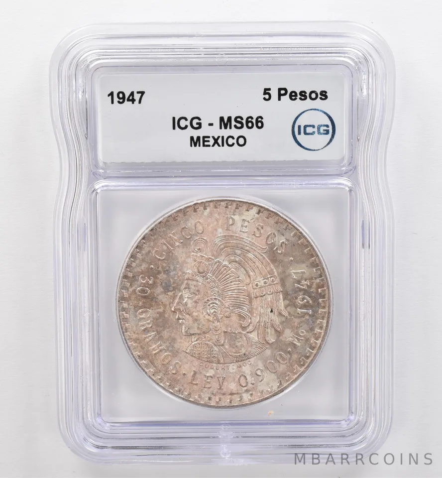 1947 Mo Mexico 5 Pesos MS66 ICG Beautiful Tone *9491