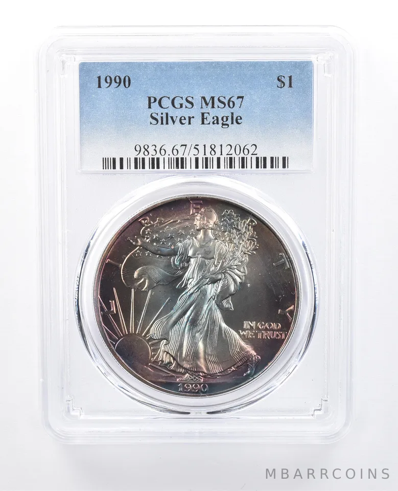 1990 American Silver Eagle MS67 PCGS Rainbow Tone *8125