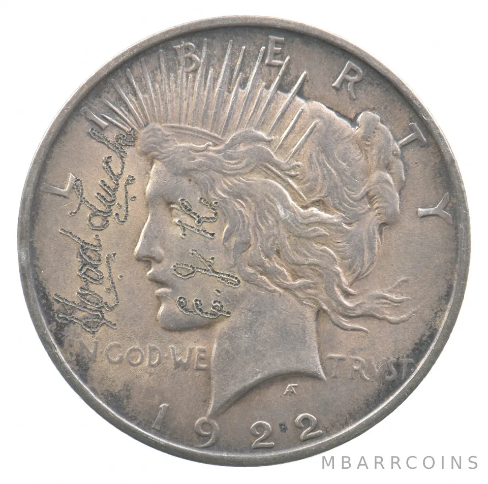 1922 Peace Silver Dollar Good Luck Etched Victorian Charm *7586