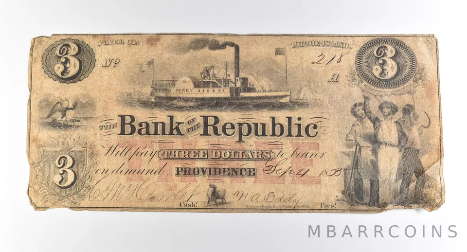 1855 $3 Providence RI Bank Of The Republic Obsolete Note *3773