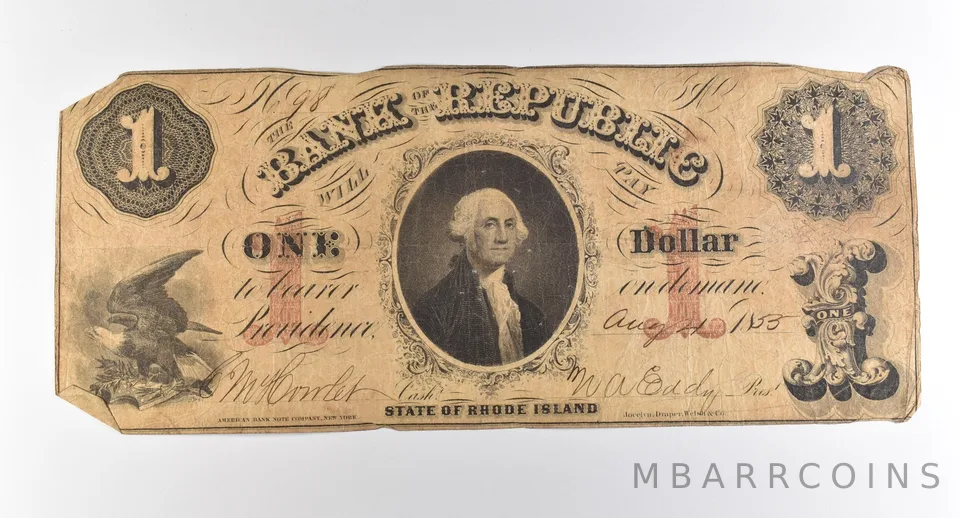 1855 $1 Rhode Island Bank Of The Republic Obsolete Note *3756