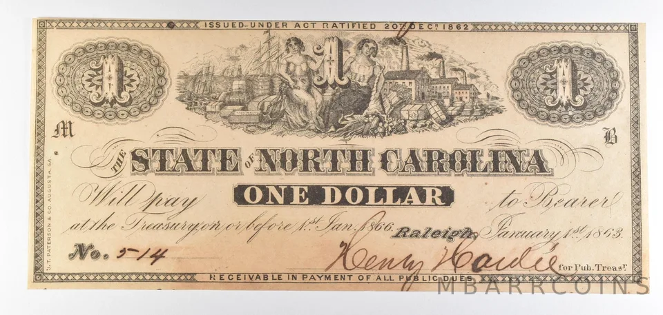 1863 $1 State Of North Carolina Obsolete Note *8728