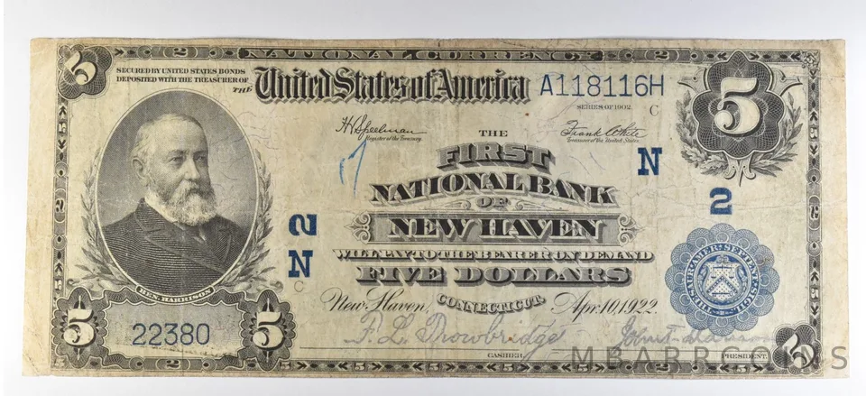 1902 $5 National Currency Note New Haven CT Ch#2 Large Note a5640
