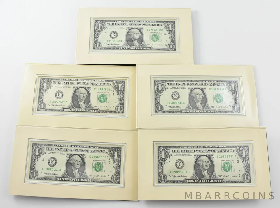 Lot (5) 1997 $1 FRN Unc Notes from Botanical Gardens Coin and Currency Set
