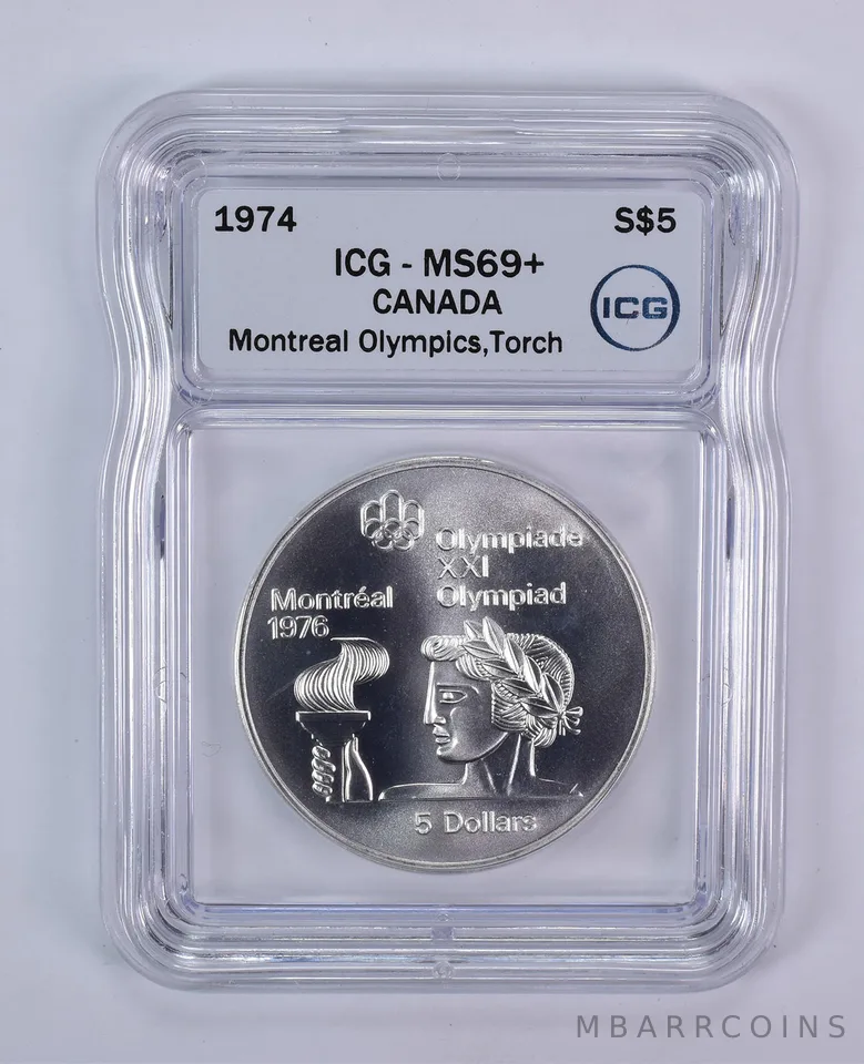 1974 Canada 5 Dollars Silver Montreal Olympics Torch MS69+ ICG