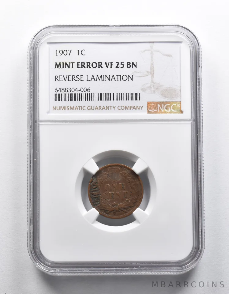 Mint Error VF25 BN 1907 Indian Head Cent REV Lamination NGC a1882