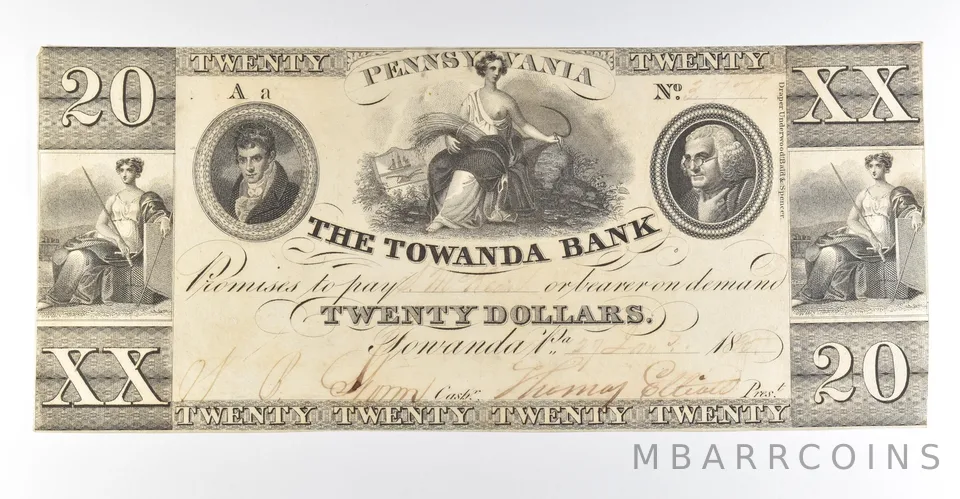 1835 $20 Towanda Bank PA Obsolete Note *8405