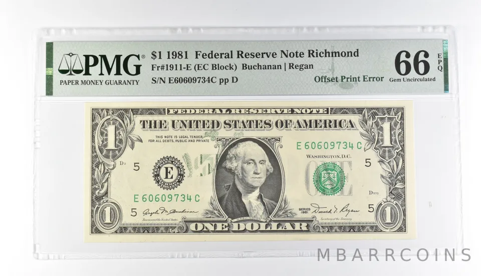 PMG 66 Gem Unc EPQ $1 1981 FRN Richmond Fr#1911-E Offset Print Error *3178