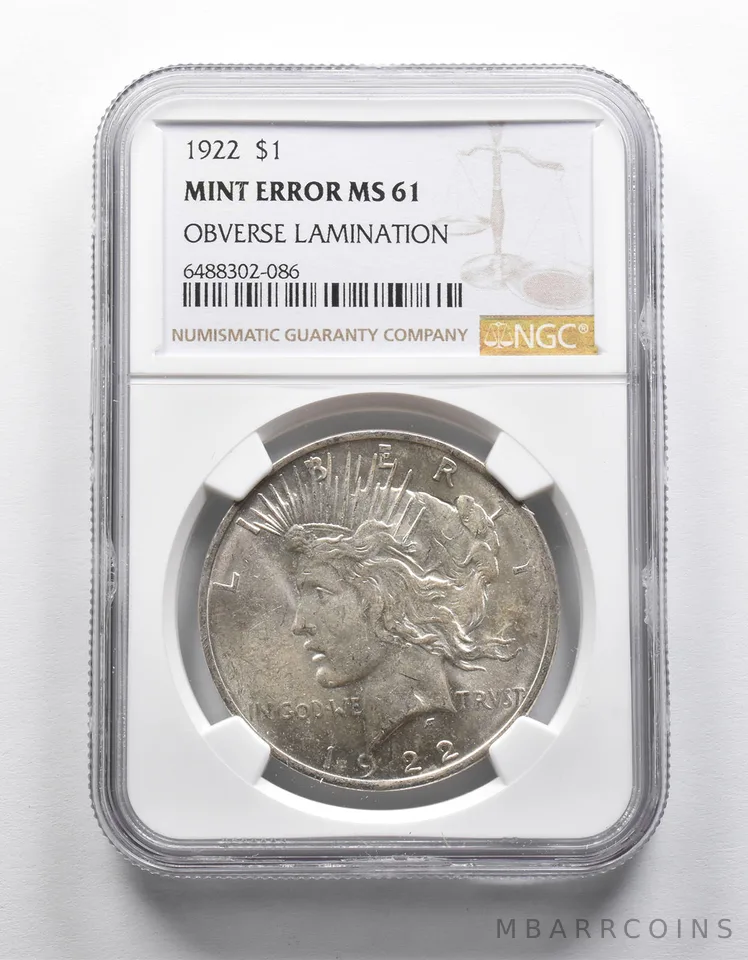 MINT ERROR MS61 1922 Peace Silver Dollar OBV Lamination NGC *1898