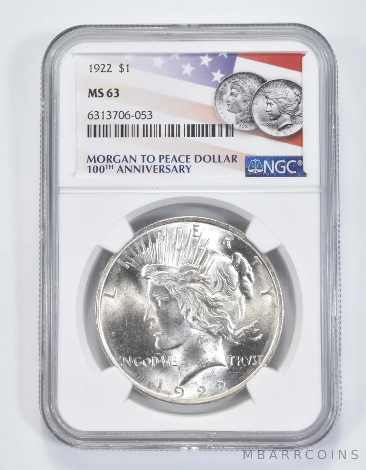 1922 Peace Silver Dollar MS63 NGC 100th Anniv 2021 Flag Label