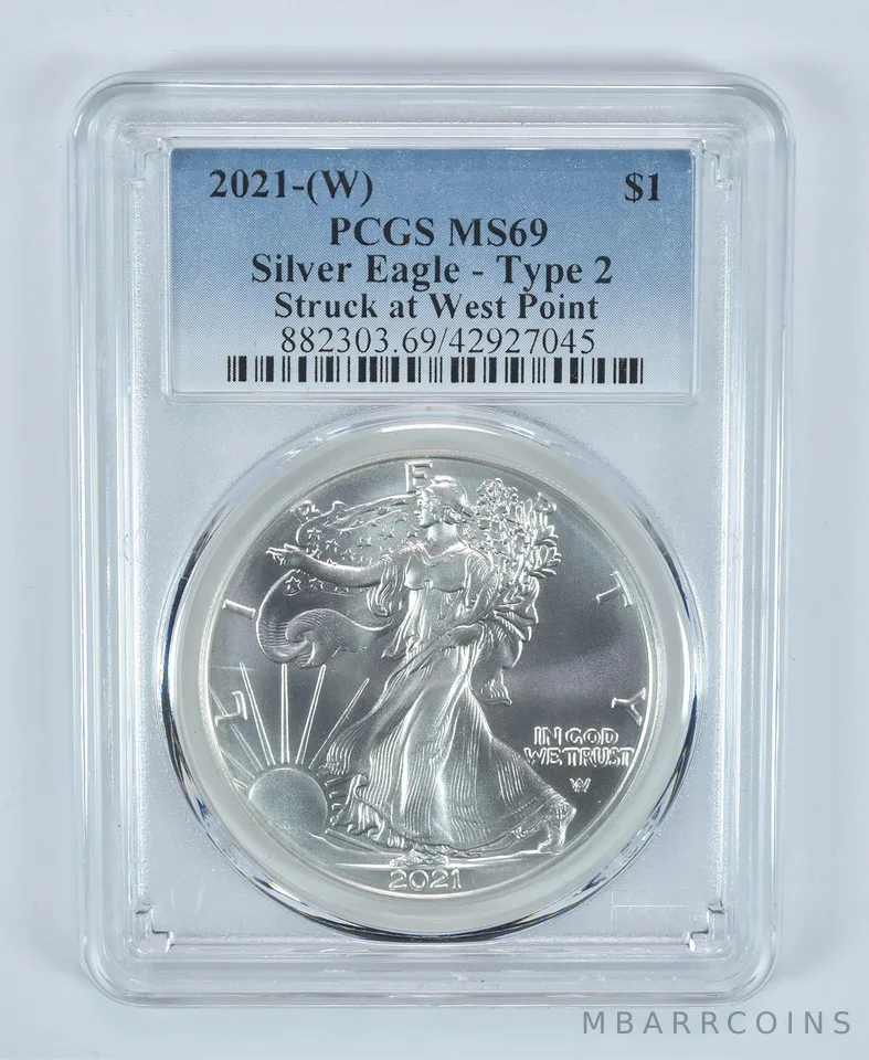 2021-(W) American Silver Eagle Type 2 Struck At West Point MS69 PCGS Blue Label