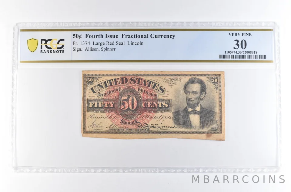 US Fractional Currency 4th Issue 50 Cents Fr#1374 Large Red Seal 30 PCGS *2353