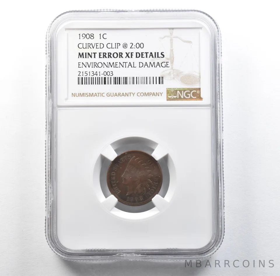 1908 Indian Head Cent Mint Error Curved Clip @ 2:00 XF Details NGC *3124