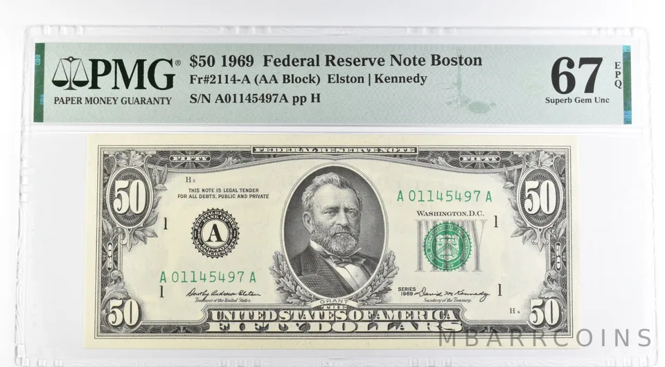 1969 $50 Boston MA US FRN Fr#2114-A 67 Superb Gem Unc EPQ PMG *8493