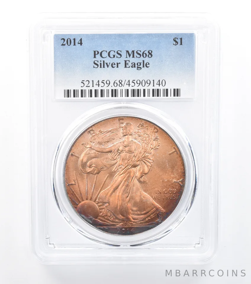 2014 American Silver Eagle MS68 PCGS Orange/Purple Tone *7715