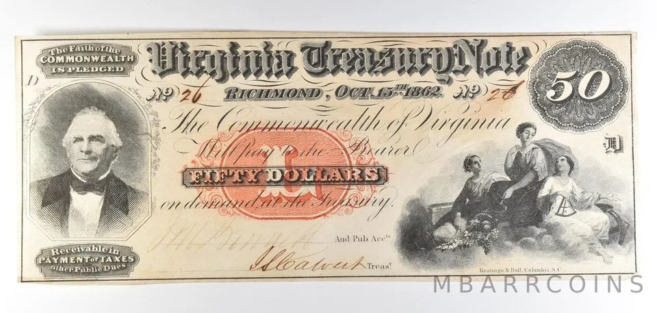 1862 $50 Richmond VA Treasury Note Obsolete Note *8763
