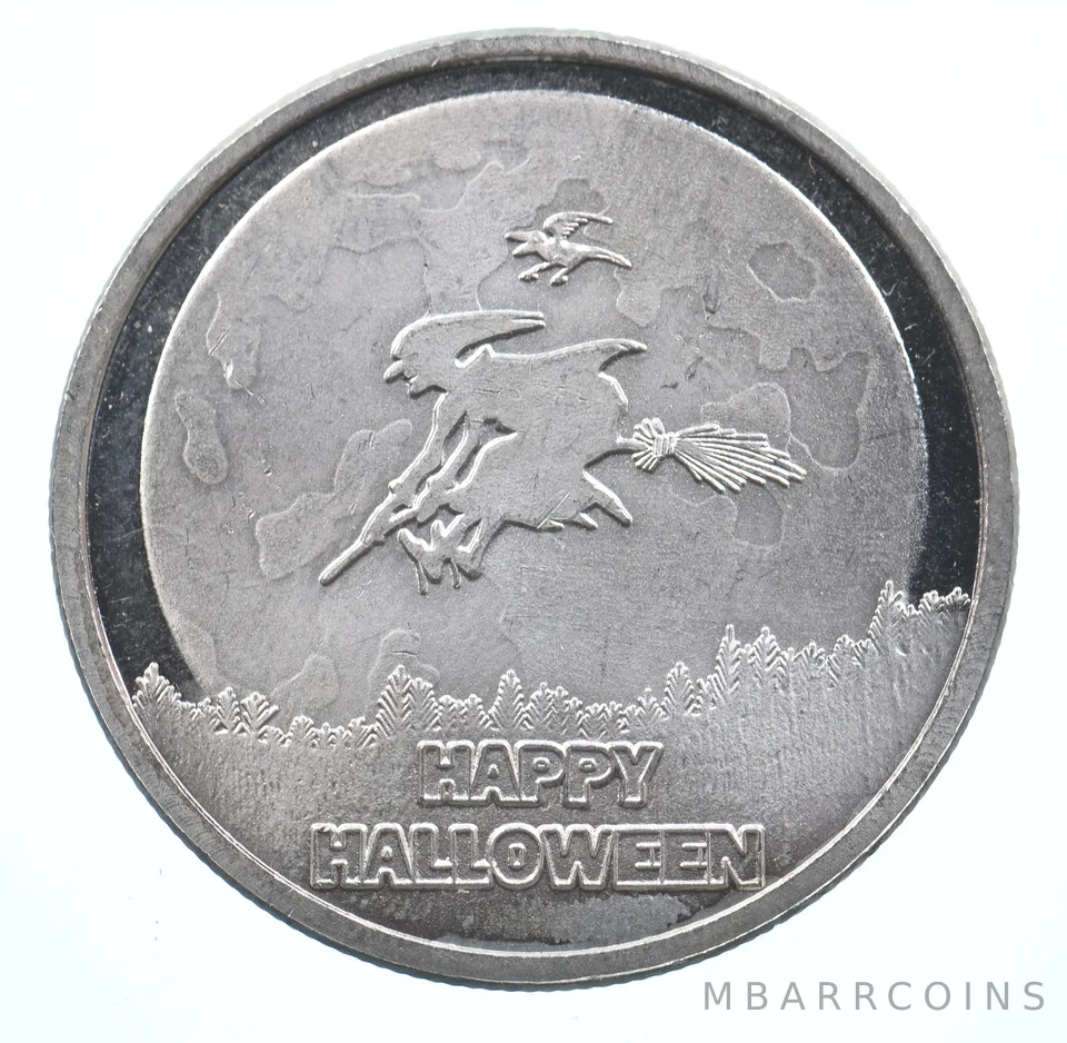 VINTAGE Art Bar/Round Halloween Greetings 1 Oz. .999 Silver One Troy Ounce *894