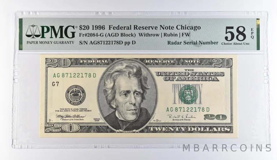 1996 $20 Chicago IL FRN Radar S/N Fr#2084-G Choice AU 58 EPQ PMG *9470