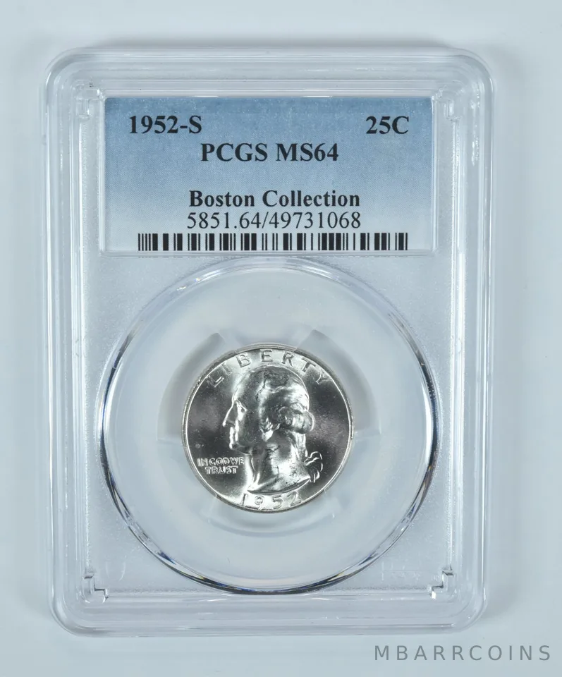 1952-S Washington Quarter Boston Collection MS64 PCGS Blue Label