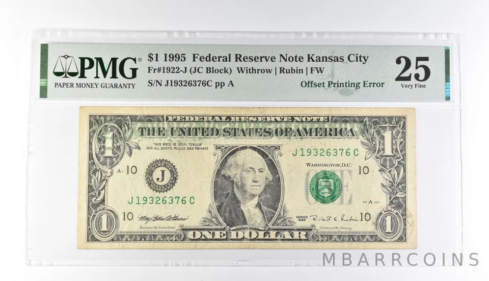 PMG 25 VF $1 1995 FRN Kansas City Fr#1922-J Offset Printing Error *3199