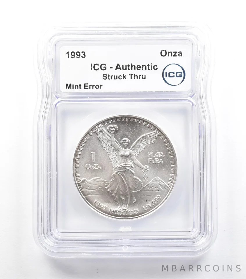 1993 Mo Mexico 1 Onza Silver Libertad Mint Error Struck Thru Authentic ICG *5064