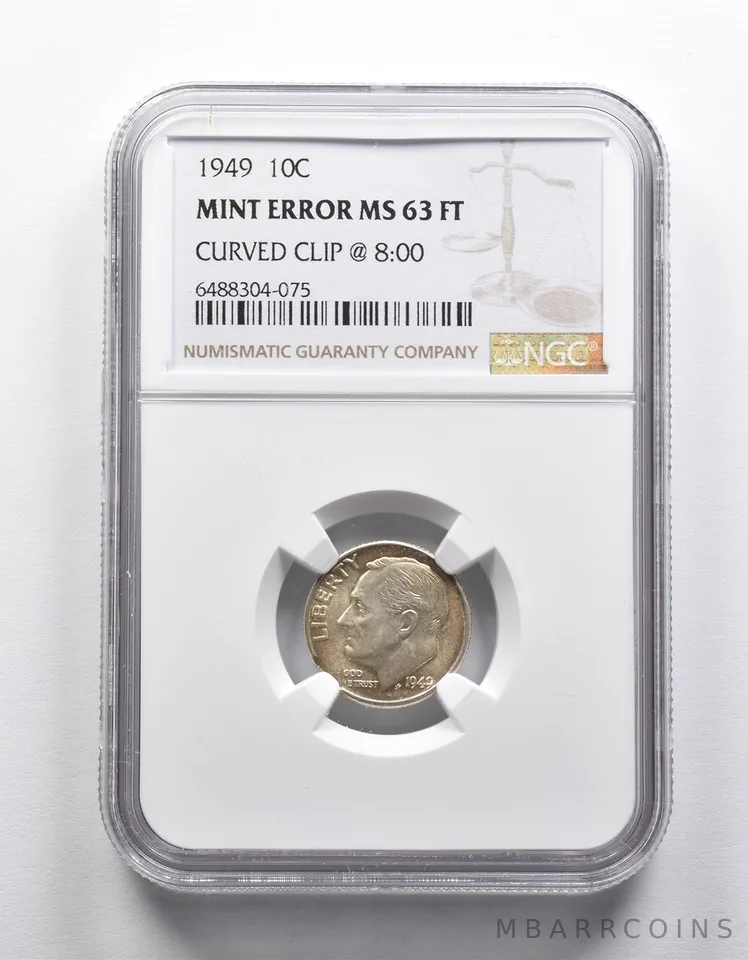 Mint Error MS63 FT 1949 Roosevelt Dime Curved Clip @8:00 NGC *1877