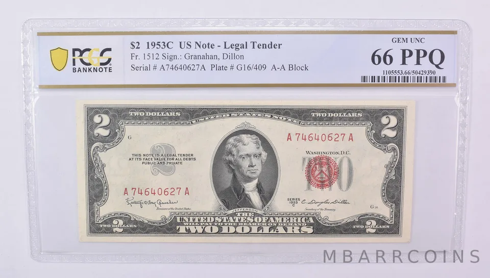 $2 1953 C US Legal Tender Fr#1512 Gem Unc 66 PPQ PCGS