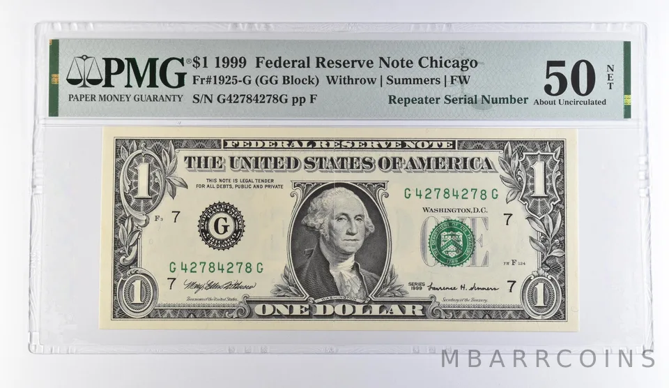 1999 $1 Chicago IL FRN Repeater S/N Fr#1925-G About Unc 50 NET PMG *9486