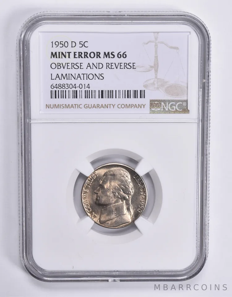 MINT ERROR MS66 1950-D Jefferson Nickel OBV & REV Laminations NGC *1833