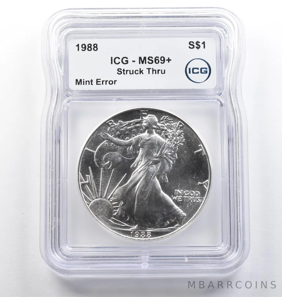 1988 American Silver Eagle Mint Error Struck Thru MS69+ ICG *5781