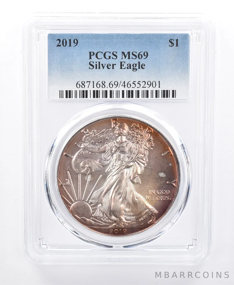 2019 American Silver Eagle MS69 PCGS Orang/Purple Tone *8626