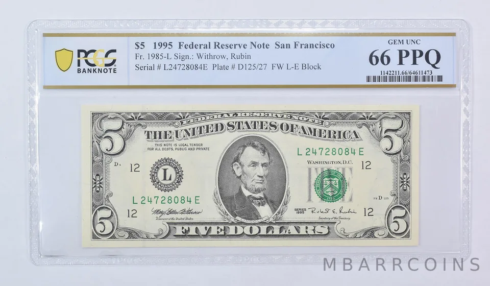 1995 $5 San Francisco CA FRN Fr#1985-L Gem Unc 66 PPQ PCGS