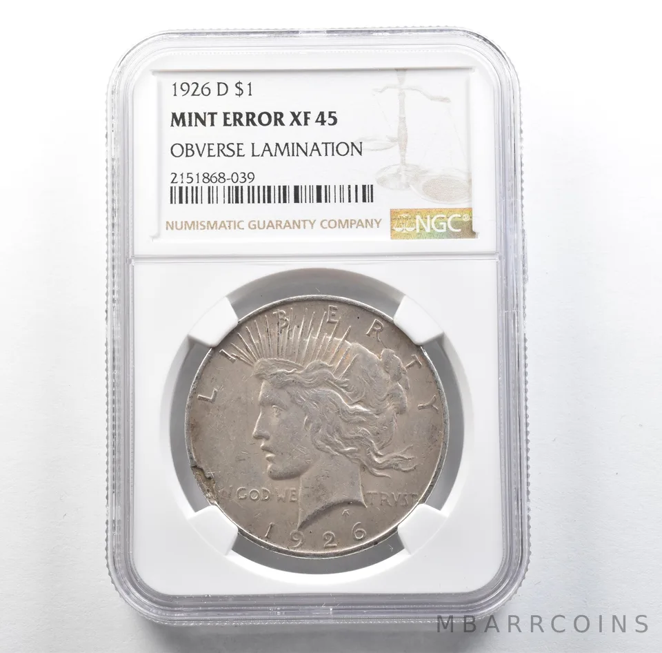 1926-D Peace Silver Dollar Mint Error Obverse Lamination XF45 NGC *3156