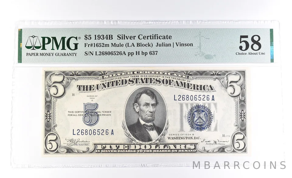 1934 B $5 Silver Certificate Fr#1652m Mule 58 Choice About Unc PMG a0938
