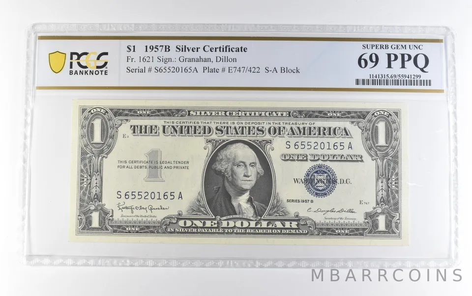 1957 B $1 Silver Certificate Fr#1621 Superb Gem Unc 69 PPQ PCGS *9817